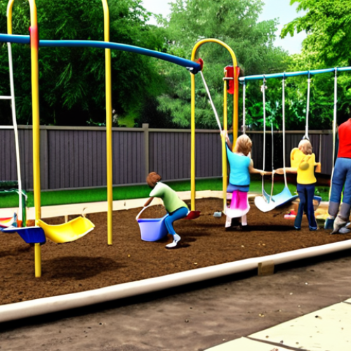 Home 14 **Community Cleanup:** A group of neighbors joyfully cleaning up a playground, painting swings, planting flowers, showcasing community spirit and action.