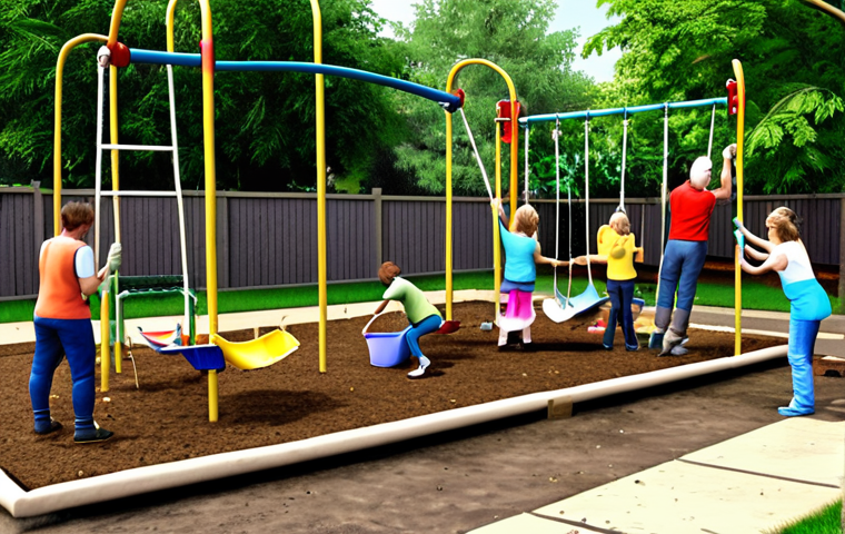 **Community Cleanup:** A group of neighbors joyfully cleaning up a playground, painting swings, planting flowers, showcasing community spirit and action.