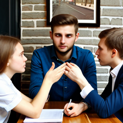 Home 7 Respectful Debate in a Coffee Shop**
A group of young professionals engaged in a thoughtful discussion at a cozy Moscow coffee shop. They are dressed in business casual attire, fully clothed. One gestures calmly while another listens intently, taking notes. Soft lighting, relaxed atmosphere, safe for work, appropriate content, modest clothing, professional, perfect anatomy, correct proportions, well-formed hands, proper finger count, natural body proportions.
**