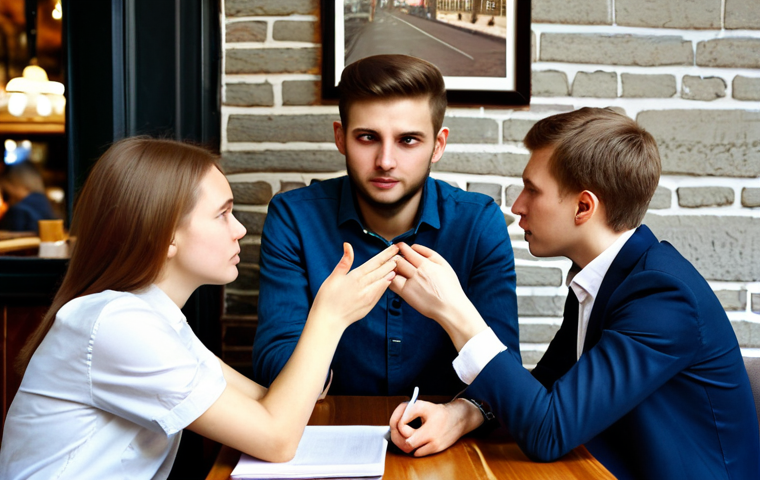 Respectful Debate in a Coffee Shop**
A group of young professionals engaged in a thoughtful discussion at a cozy Moscow coffee shop. They are dressed in business casual attire, fully clothed. One gestures calmly while another listens intently, taking notes. Soft lighting, relaxed atmosphere, safe for work, appropriate content, modest clothing, professional, perfect anatomy, correct proportions, well-formed hands, proper finger count, natural body proportions.
**