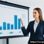 자신의 의견을 효과적으로 표현하는 방법 - A professional Russian businesswoman confidently giving a presentation in a modern office setting, u...