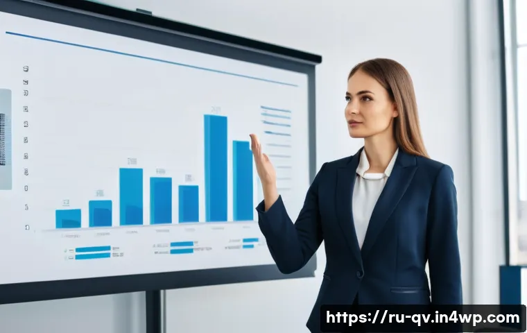 자신의 의견을 효과적으로 표현하는 방법 - A professional Russian businesswoman confidently giving a presentation in a modern office setting, u...