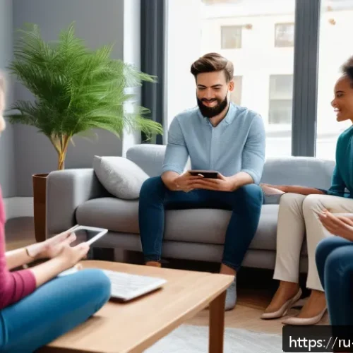 온라인 토론에서 일어날 수 있는 갈등 다루기 - A diverse group of adults engaged in a calm online discussion in a modern living room setting, each ...