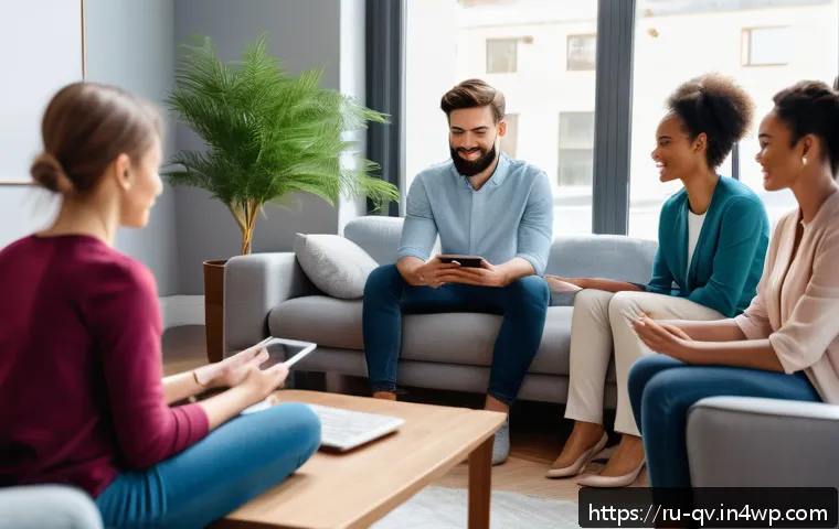 온라인 토론에서 일어날 수 있는 갈등 다루기 - A diverse group of adults engaged in a calm online discussion in a modern living room setting, each ...